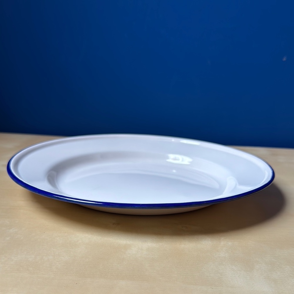 Enamel white plate with blue rim, camping enamelware farmhouse - Picture 3 of 5